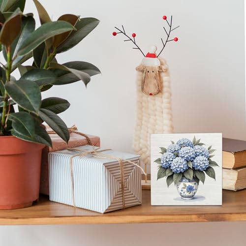 Blue Hydrangea Flowers Decor Wooden Signs,Chinoiserie Spring Floral Wooden Box Sign,Blue And White Decor For Home Desk Tabletop Shelf Decoration 5x5 Inches - color: Blue Hydrangea