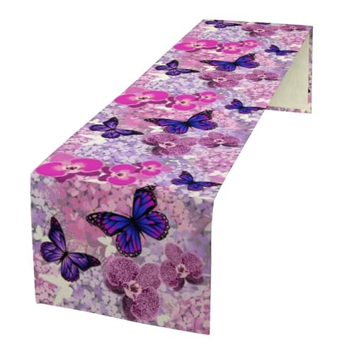 Butterfly Table Runner,Spring Seasonal Pink Purple Floral Garden Theme Table Runner for Home Indoor Outdoor Kitchen Holiday Party Wedding Decor 13x36 Inch - color: Butterfly-4, size: 13x36in
