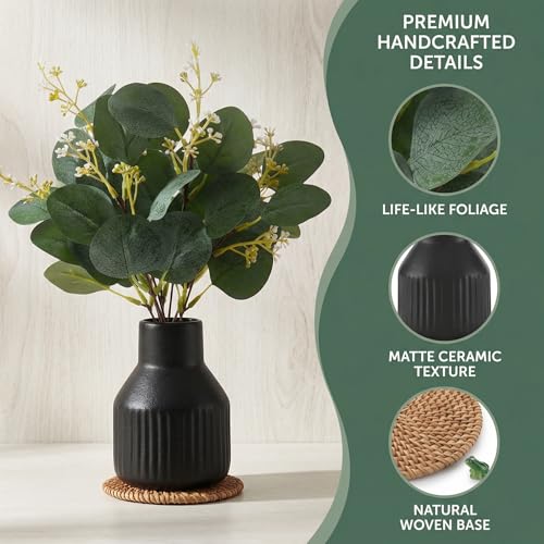 Artificial Eucalyptus Greenery Stems in Ceramic Vase,10Pcs Fake Plants Eucalyptus Leaves faux Plants for Centerpiece Table Decorations Home Room Decor office desk decor Greenery Decor indoor (Black) - color: Black