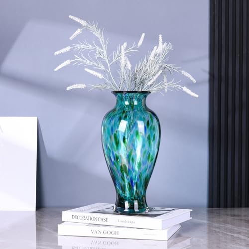 11.8" Tall Blown Teal Glass Vase, Green Opaque Glass Vase, Unique Design Turquoise Wide Mouth Art Decoration for Home, Living Room, Dining Table, Pampas Grass Decor (Greener) - color: Greener