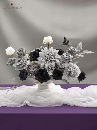 Serwalin Artificial Flowers Grey Fake Flowers Box Set, Silk Flowers with Stems, Faux Wedding Flower Cake Flowers for DIY Wedding Bouquets Bridal Shower Centerpieces Floral Arrangements Decor - color: Black & Grey, size: Square
