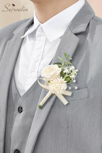 Serwalin 2 Pcs White Boutonniere for Men, Groom Groomsmen Best Man Guest Boutonnieres, Artificial Flowers Silk Rose for Wedding Prom Ceremony Anniversary Party Homecoming - color: A White, size: Boutonniere 2pcs