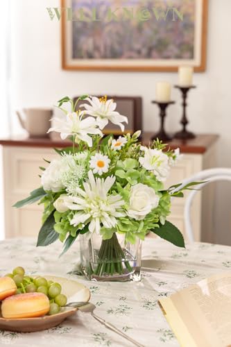 Artificial Flowers in Vase with Fake Water, 12.5" Realistic Silk Rose Peony Lily Faux Floral Arrangements with Glass Vase for Office Home Dinning Table Birthday Party Wedding Decor - White & Green - color: White & Green
