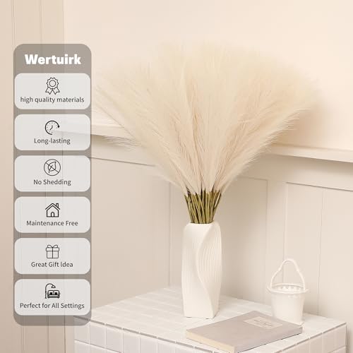 Wertuirk Faux Beige Pampas Grass - 30pcs 24 Inch Boho Home Decor, Artificial pompas Floral, Small Fake Pompous Grass for Table Centerpieces, Wedding and Baby Shower Decorations (Beige, 30 Pieces) - color: Beige, size: 30 Pieces