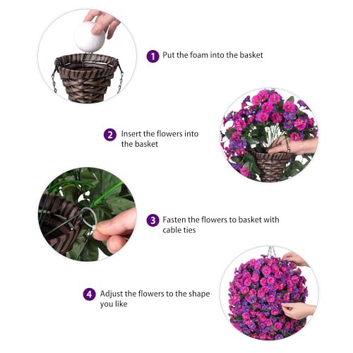 Artificial Fake Hanging Flowers in Basket for Outdoor Indoor Decoration,UV Resistant Faux Silk Dark Purple and Fuchsia Morning Glory Plants Realistic Hanging Planter for Outside Home Porch Yard - color: Fuchsia+dark Purple Morning Glory