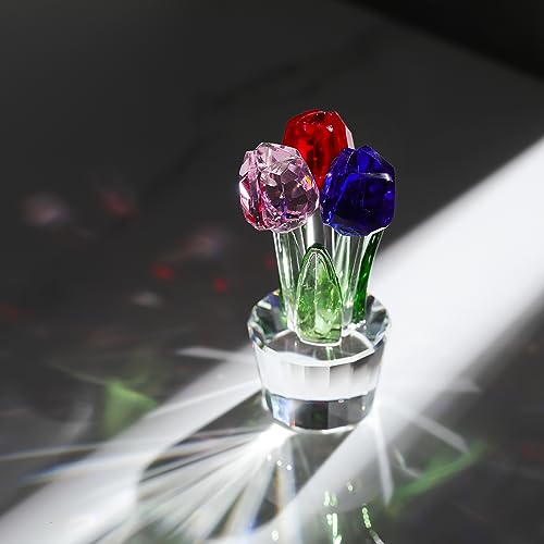 Qianwei Crystal Tulips Flowers Figurine Colorful with Vase - Glass Flower Bouquet Collectible Figurines Crystal Office Home Decor Paperweight - Tulip Gifts for Women Mom Bestfriend Wedding Anniversary - color: Red Blue Pink Tulip