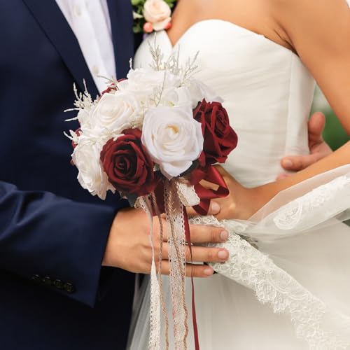 LEIFENY Wedding Bouquets for Bride, Champagne White & Burgundy Bridal Bridesmaid Wedding Flowers, Artificial Toss Rose for Civil Ceremony (Jute Rope Handle) - color: Champagne White & Burgundy