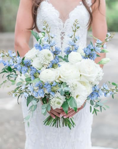IPOPU 37" Blue Delphinium Artificial Flowers 5PCS Real Look Flocked Faux Delphinium Flowers with Fuzz Long Stem Silk Larkspur Snapdragon for Wedding & Home Decor(Blue) - color: Blue