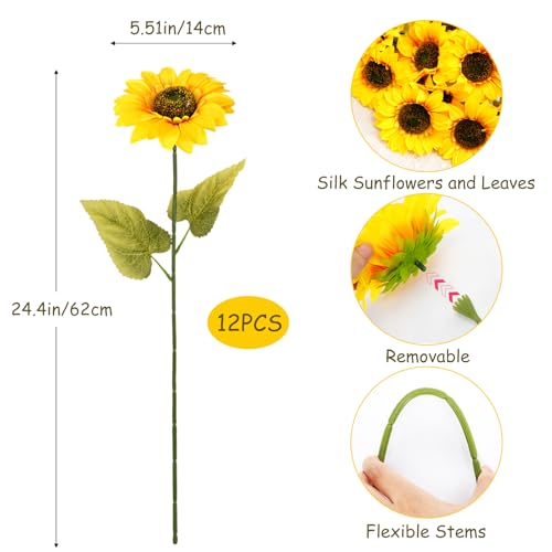 24.4" Sunflowers Artificial Flowers 12Pcs Fake Sunflowers Bulk Realistic Silk Sunflower Bouquet with Long Stems for Wedding Arrangement Table Centerpieces Outdoor Indoor Grave Fall Decor - color: Yellow-12pcs