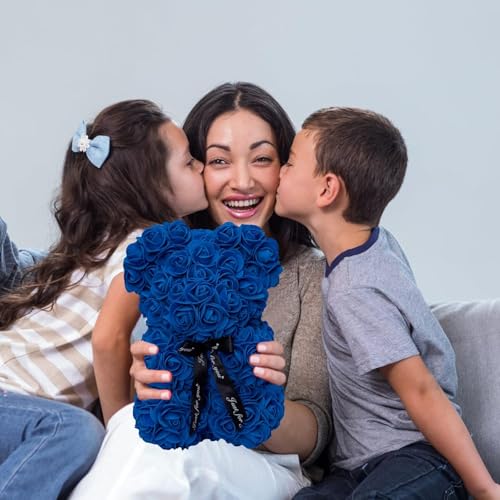 DuHouse Rose Bear Rose Teddy Bear Flower Gift Box for Valentines Gifts Anniversary Christmas,Birthdays Bridal Showers -Fully Handmade 10 inch Flower Bear Clear Gift Box(Royal Blue with Necklaces) - color: Royal Blue With Necklaces
