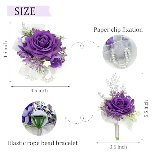 2pcs Purple Corsage Boutonniere for Prom Decor Silk Corsage Wristlet Boutonniere for Men Corsages Artificial Flowers for Wedding Party Suit Decor - color: Purple Corsage - Double-cain