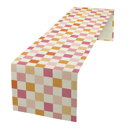 Groovy Hippie 1970s Table Runner Vintage Geometric Pink Orange Checkered Dinner Runner for Country Farmhouse Kitchen Birthday Party Holiday 36X13inch - color: Checkered-2, size: L36"x W13"