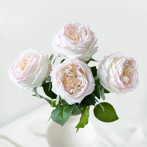 YalzoneMet 3.5'' Big Bloom Flesh Pink Rose Artificial Flowers 4Pcs Real Touch Rose Faux 17.7 Inch Long Stem Austen Roses Peonies Fake Flowers for Home Kitchen Party Christmas Flower Wedding Decor - color: Flesh Pink