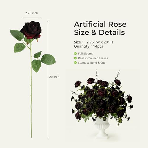 Auihiay 14PCS Black Magic Artificial Roses, Realistic Silk Fake Roses Flowers with Long Stem for Gothic Wedding Decor, Party Garden Decoration & Home Table Decorations - color: Burgundy-black Tinted