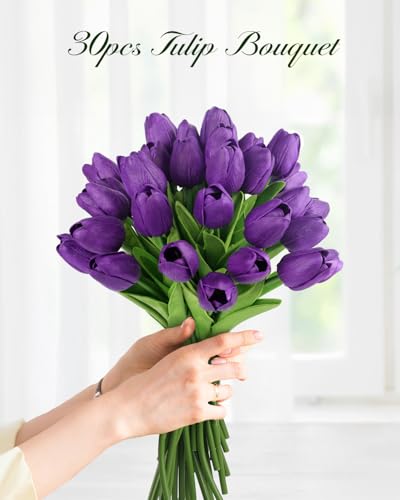 MACTING 30 PCS Artificial Tulip Flowers 13.7" Real Touch Fake Flowers Faux PU Tulips Bouquet for Floral Arrangements Table Centerpieces Kitchen Home Mothers Day Spring Easter Decorations,Purple - color: Purple