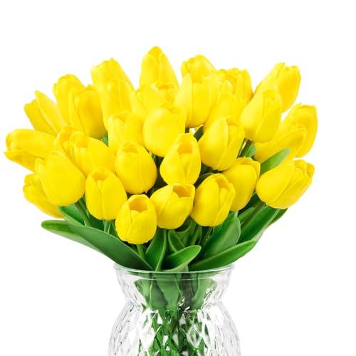 U'Artlines 30Pcs Fake Tulips Artificial Flowers with Stems Faux Tulips Bouquet Real Touch Flower for Wedding Home Kitchen Spring Easter Mother's Day Floral Arrangement Decor (Yellow) - color: Yellow