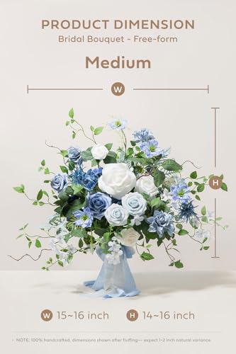 Ling's moment Dusty Blue Wedding Bouquets for Bride, Blue and White Bridal Bouquets for Bride,15 Inch Free Form Artificial Wedding Flower Bouquet - color: Blu-provence Blue, size: Medium 15 Inch