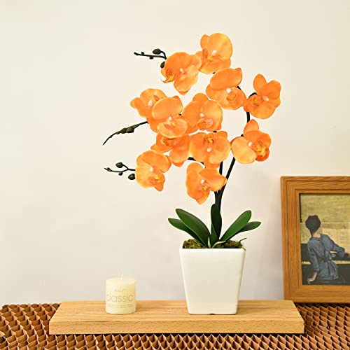 15" Tall Artificial Silk Phalaenopsis Orchid Flower Plant Pot Arrangements (Orange) - color: Orange