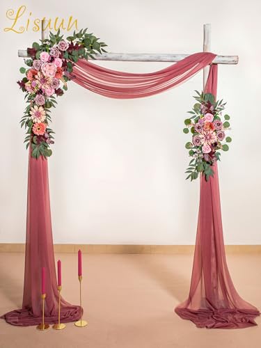 Lisuun Artificial Wedding Arch Flowers with Chiffon Runner, Pack of 3 | Includes 2 Flower Swags, 1 20ft Chiffon Runner and Zip Ties for Wedding Arches, Arbors and Backdrops - color: Dusty&blush