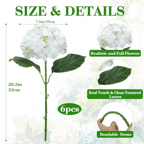 6 PCS White Hydrangea Artificial Flowers Bulk 20.5" Tall Large Bloom Latex Flowers Faux Hydrangea with Stems Fake Silk Bouquet Flowers for Vase Home Tables Wedding DIY Floral Decor（Ivory） - color: White