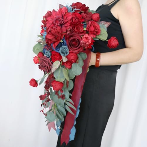12.6 Inch Cascade Wedding Bouquet for Bride with Artificial Rose Dahlia Flower Cascading Bridal Bride Bouquet Wedding Ceremony Anniversary Bridal Shower Burgundy and Navy Blue - color: Burgundy & Blue