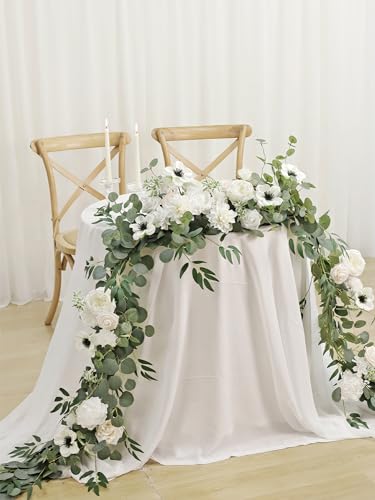MISSPIN 8FT Eucalyptus and Willow Leaf Garland with Artificial Flowers Fake Flower Peony Rose Vine Greenery Decorative Wall Hanging Plant for Spring Wedding Arch Backdrop Door Arrangement Party Decor - color: White