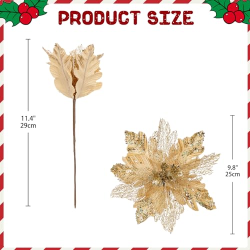 Briful 6PCS Poinsettias Christmas Tree Flowers 9.8'' Artificial Christmas Floral Picks and Sprays Large Gold Silk Flowers with Stems for Xmas Home Vase Table Centerpiece Garland Decor - color: Gold