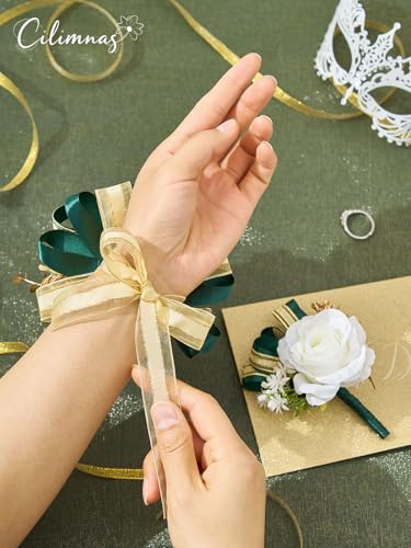 Prom Corsage and Boutonniere Set, Artificial Silk Ivory Rose Wrist Corsage with Dark Green Ribbon for Homecoming, Formal Dance Party, Wedding, Graduation, Anniversary - color: A-green&white