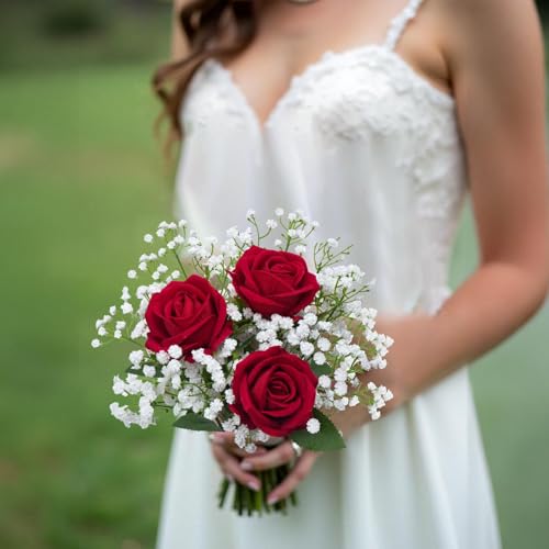 Fake Flowers Artificial Flowers Decorative Bouquet with Faux Baby's Breath, Velvet Roses Small Floral Arrangements for Wedding Table Centerpieces Home Décor - color: Red Rose