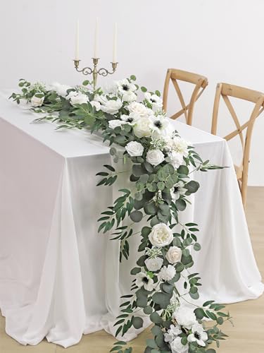MISSPIN 8FT Eucalyptus and Willow Leaf Garland with Artificial Flowers Fake Flower Peony Rose Vine Greenery Decorative Wall Hanging Plant for Spring Wedding Arch Backdrop Door Arrangement Party Decor - color: White