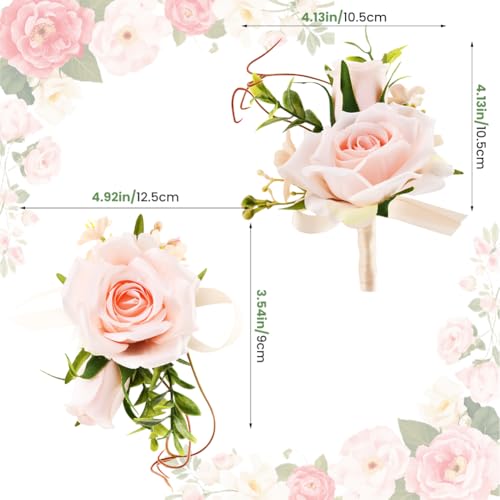 Artificial Rose Corsage & Wrist Corsage Set, Rose Wrist Flower Wristlet Bracelet Groom Best Man Boutonniere, for Prom Suit Decorations Wedding Party Flower Accessories(Color:Pink) - color: Pink