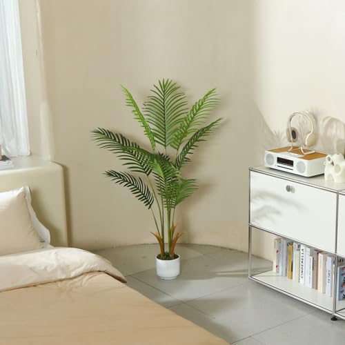 4FT Artificial Palm Tree Indoor with White Pot, Realistic Leaves, 9 Trunks Adjustable Branches, Tall Faux Fake Palm Plant, Ideal for Living Room Bedroom Office Home Interior Aesthetic Decor - color: Green