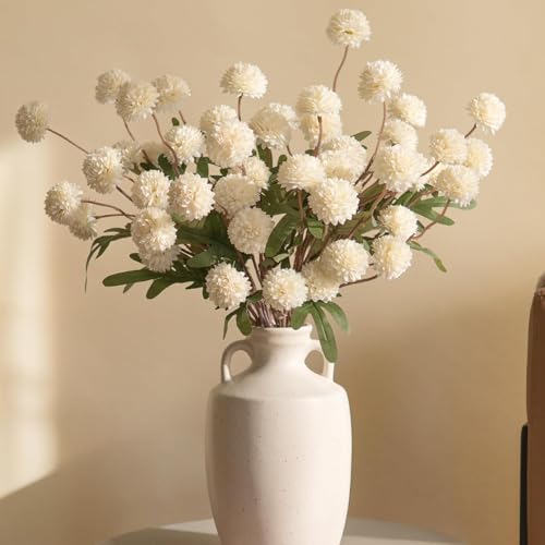 HyeFlora Fake Kiku Flowers, Faux Silk Pompon Mums Artificial Flowers, Chrysanthemum Stems Floral Arrangement Dried Flowers Vintage Decorative Indoor Home Vase Decor White (Vase not Included) - color: 8pcs-white
