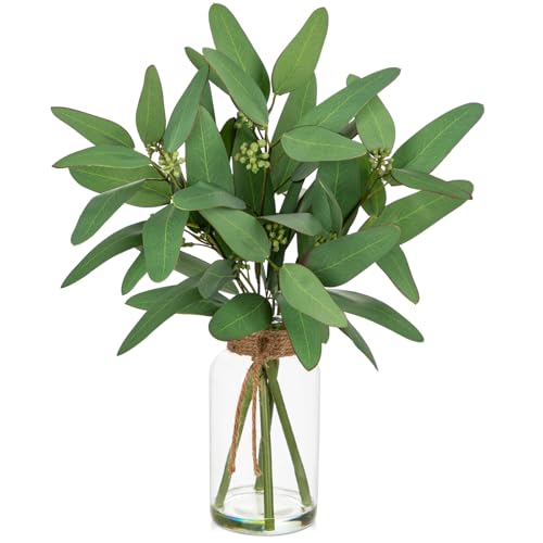 Briful Artificial Eucalyptus Stems in Clear Glass Vase with Faux Water, 14" Fake Plant Eucalyptus Leaves for Home Office Farmhouse Wedding Centerpiece Décor - color: Green Long
