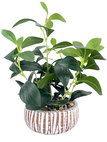 Artificial Potted Plants Life-Like Fake Plant with Farmhouse-Style Cement Planter Feturing Light Wood Tone for Room Bathroom Bedroom Kitchen Office Dese Coffee Table Décor (12.8inch) - size: Ficus 12.8inch