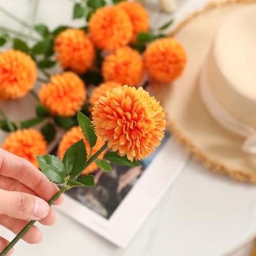 Floweroyal 24pcs Fall Flowers Artificial Chrysanthemum Ball Flower, Fake Mums Silk Hydrangea Flowers Bridal Wedding Bouquet for Home Garden Party Office Autumn Decor - color: Fall Orange-24pcs