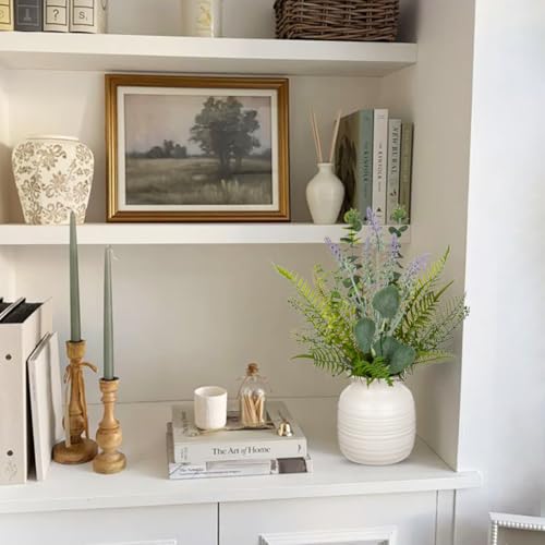Artificial Eucalyptus & Lavender Arrangement in Ceramic Vase - 15.4" Faux Lavender Fern Leaves Plant Decor Fake Flowers Artificial Greenery in White Vintage Vase for Centerpieces Home Kitchen Decor - color: Purple