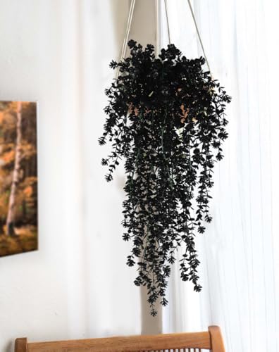 SJL Black Hanging Flowers Fake Hanging Plants Artificial Black Faux Flowers Outdoor Plastic Faux Ivy Plants UV Resistant Fake Eucalyptus Vine for Halloween Indoor Witchy Home Party Gothic Decor 4Pcs - color: Black