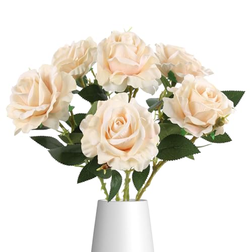 Velvet Roses Artificial Flowers 6Pcs Real Touch Roses Champagne Fake Roses with Stems for Wedding Bouquet Home Party Garden Outdoor Decoration(Champagne) - color: Champagne