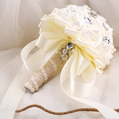 Handmade Brooch Wedding Flowers Bridal Bouquets Crystal Bride Holding Bouquet White Ivory Satin Roses with Diamond Pearl Ribbon (Luxury-White) - color: White