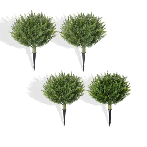 Set of 4 Artificial Cypress Topiary Shrubs, 20" UV-Resistant Faux Cedar Outdoor Plants with Ground Spikes — Realistic Green Bushes for Porch, Patio, Garden, and Yard Décor - color: 4pcs 20in Cypress Tree