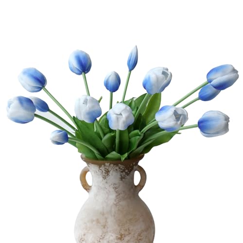 mizii 15Pcs Blue Tulips Artificial Flowers Latex Plastic Real Touch Fake Tulips Flowers Look Real Faux Tulip Flower Bouquet Decoration for Vase Room Table Centerpieces Home Decor (White Blue) - color: White Blue