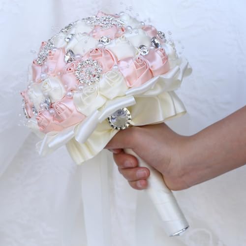 Bridal Wedding Bouquet with Silver Rhinestones Brooch Pearl Bouquet for Bride Bridesmaid Quinceanera Artificial Satin Rose Flower Bouquet Wedding Pale Pink and Ivory 9.5in - color: Pale Pink & Ivory, size: Diameter: 9.5 inches
