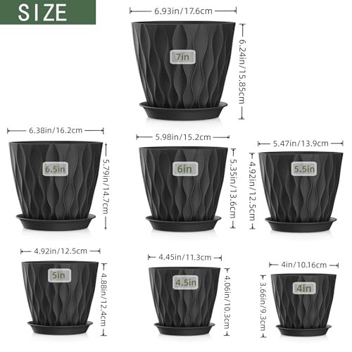 4/4.5/5/5.5/6/6.5/7 Inch Plant Pots,7 Pack Flower Pots with Drainage Holes and Trays,Plastic Planters for Indoor Outdoor Plants Growth,Black - color: Black, size: 7+6.5+6+5.5+5+4.5+4inch