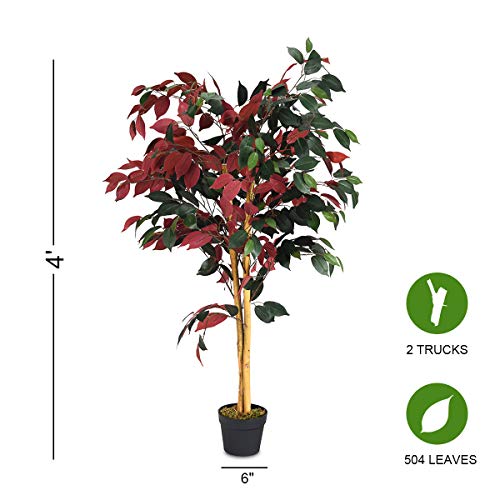 Goplus 4FT Tall Artificial Ficus Tree, Greenery Fake Tree Faux Plant in Pot for Indoor Outdoor Home Décor