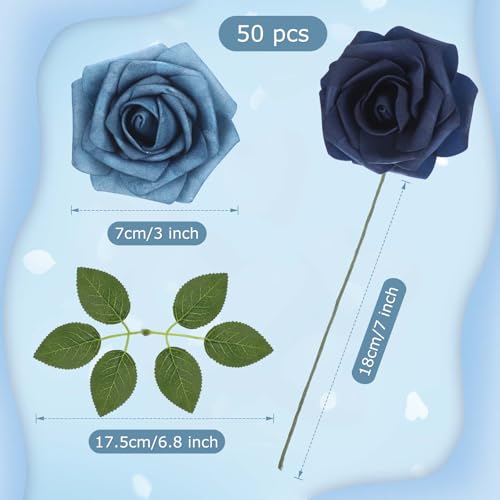 50 Pcs Artificial Foam Rose Flower Faux Bouquet Wedding Fake Rose Gift for Mother's Day Women DIY Bridal Shower Party Table Birthday Home Spring Decor (Shades of Blue) - color: Shades of Blue