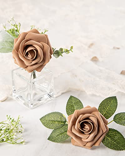 DuHouse 25Pcs Artificial Roses Flowers Fake Roses with Stems Real Touch Foam Flowers for DIY Wedding Bouquet Party Centerpiece Floral Arrangement Party Home Decor (Coffee) - color: Coffee, size: 25pcs