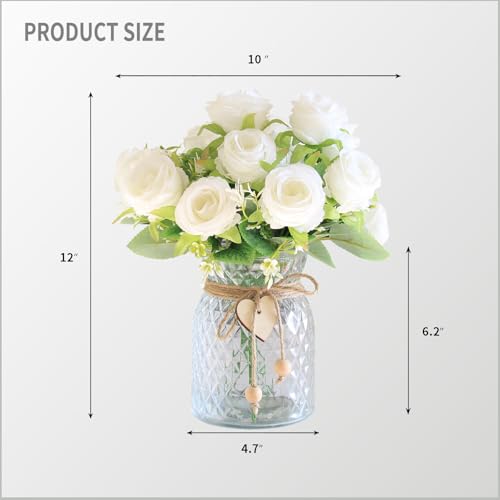 Faux Flowers in Vase, 18 Pcs Fake Rose Flowers, Artificial Flowers for Home Decor, Indoor Centerpiece for Living Room & Dining Table - White - color: White Rose