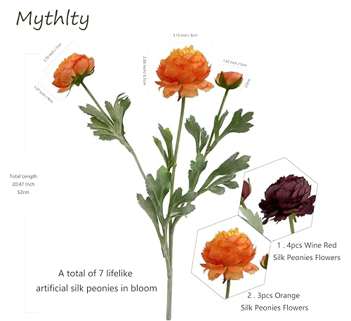 7pcs Silk Peonies Artificial Flowers, Faux Orange and Burgundy Peonies Mixed for Vase, Fake Flower Stems Arrangement for Home Kithcen Dining Table Centerpieces, Farmhouse Office Decoration - color: Orange & Red Wine