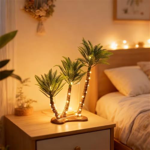 Artificial Coconut Palm Tree, 11 Inch Mini Plastic Tropical Desk Decor with Warm Light for Christmas, Wedding, Party Landscape Decoration